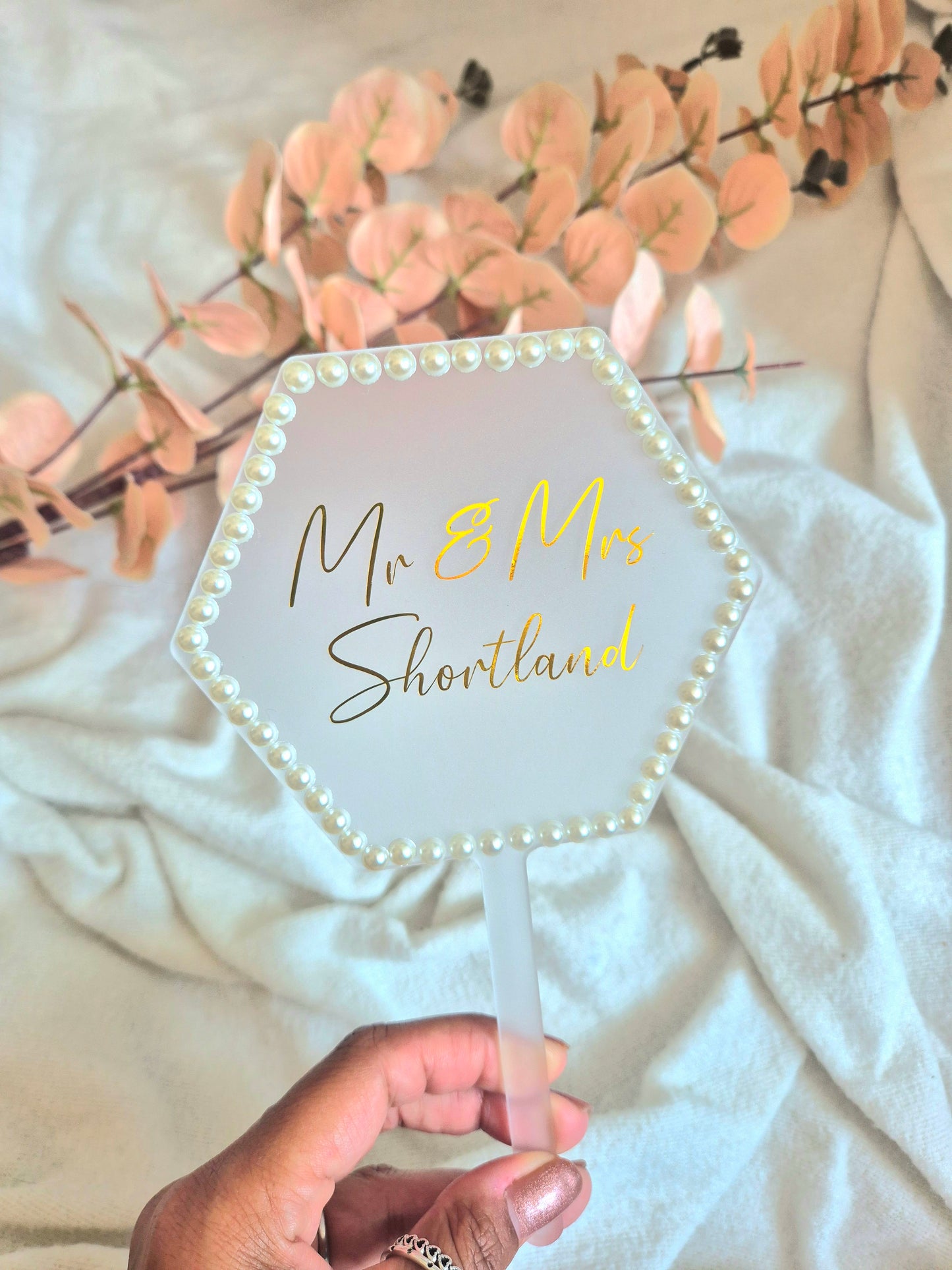 Pearl Edged Wedding Cake Topper - Hexagon