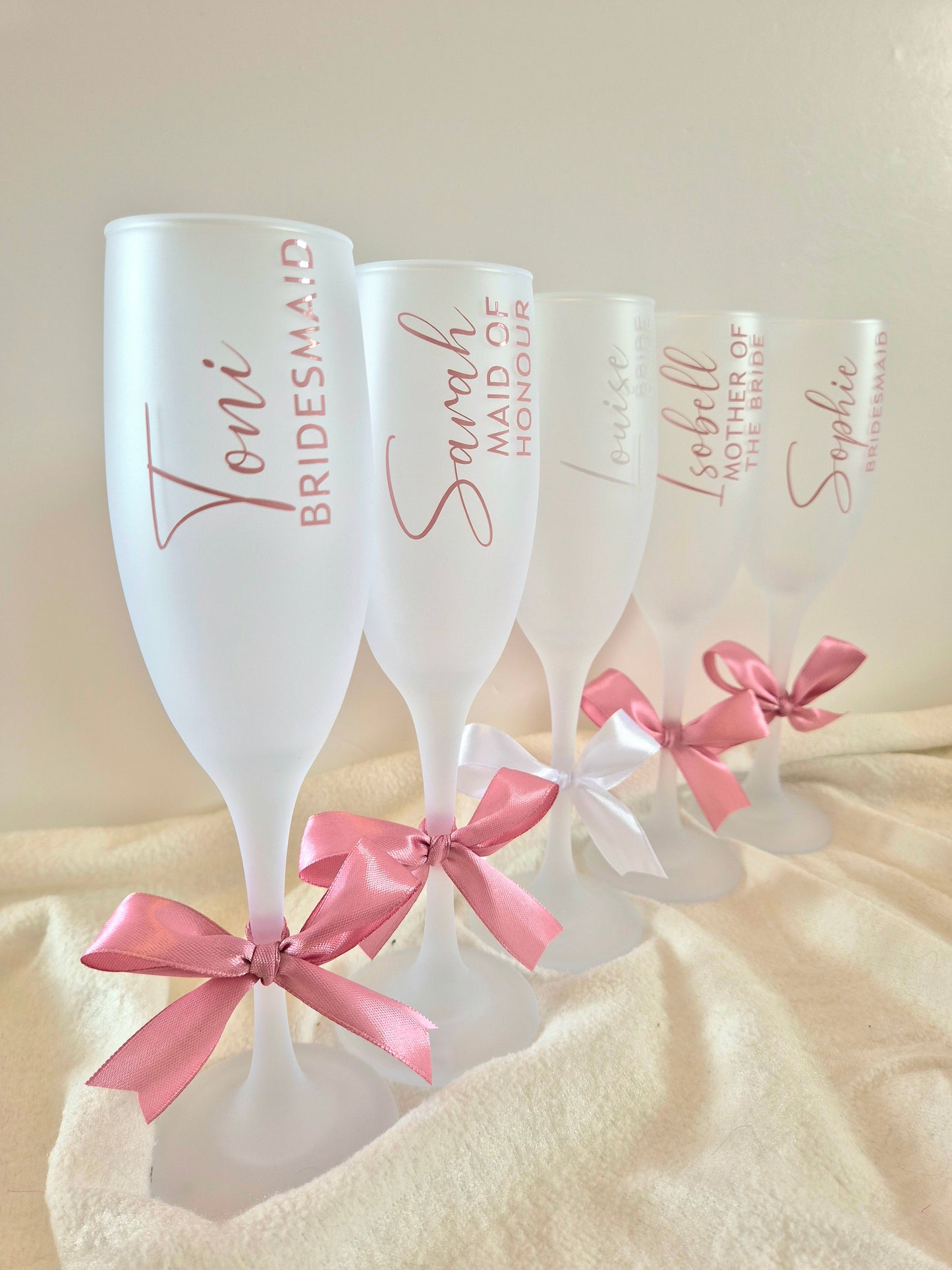 Personalised Frosted Champagne Flutes with Bow - Pink