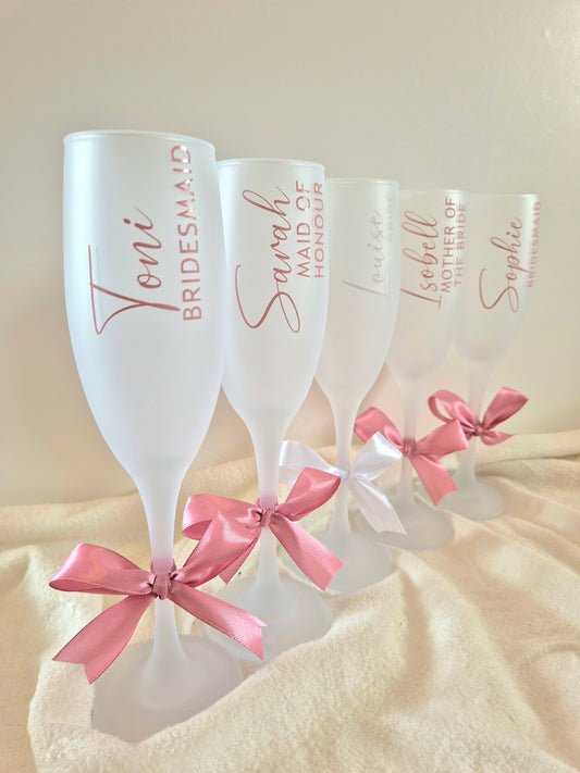 Personalised Frosted Champagne Flutes with Bow - Pink