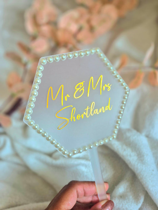 Pearl Edged Wedding Cake Topper - Hexagon