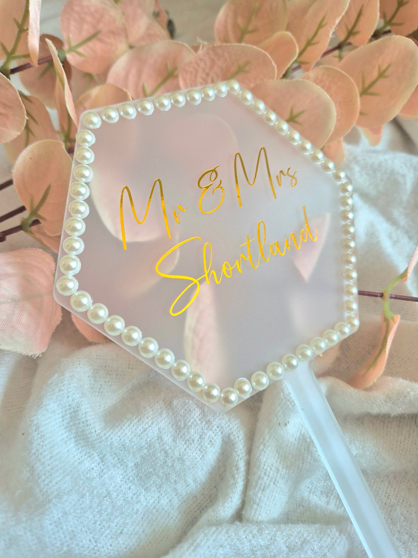 Pearl Edged Wedding Cake Topper - Hexagon